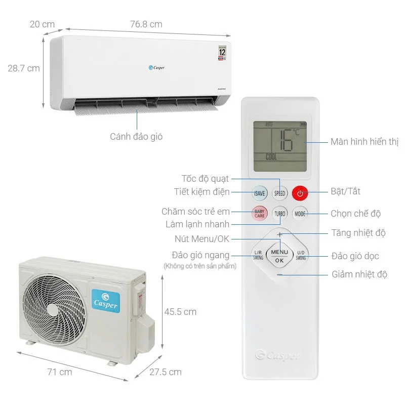 Máy lạnh treo tường Casper QC-09IU36A 1.0 HP Inverer
