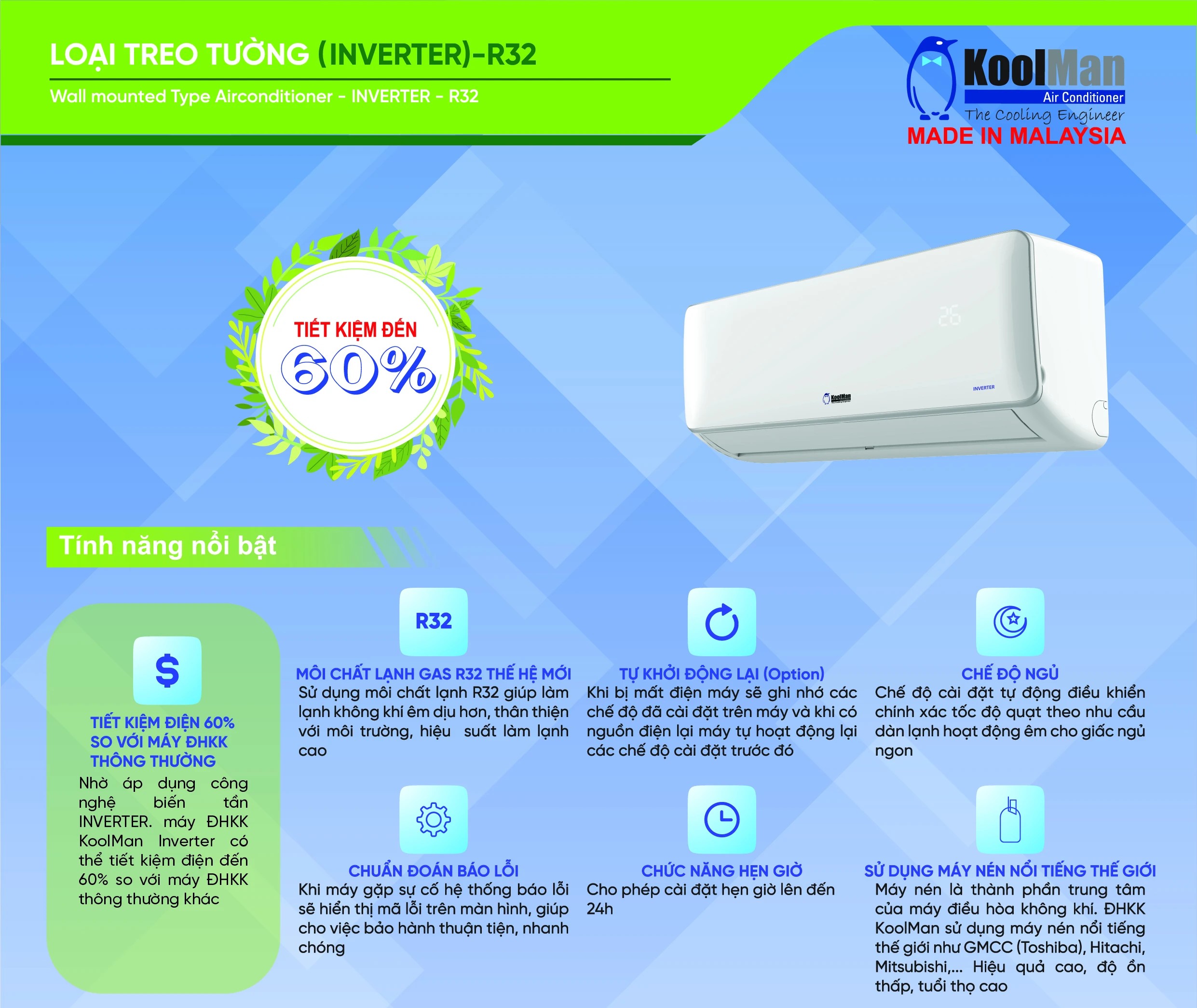 Máy lạnh Koolman KWVH-183BMD/KCVH-183BMDW Inverter 2.0HP Gas R32- thiết kế tinh tế, phân phối bởi Lê Phạm