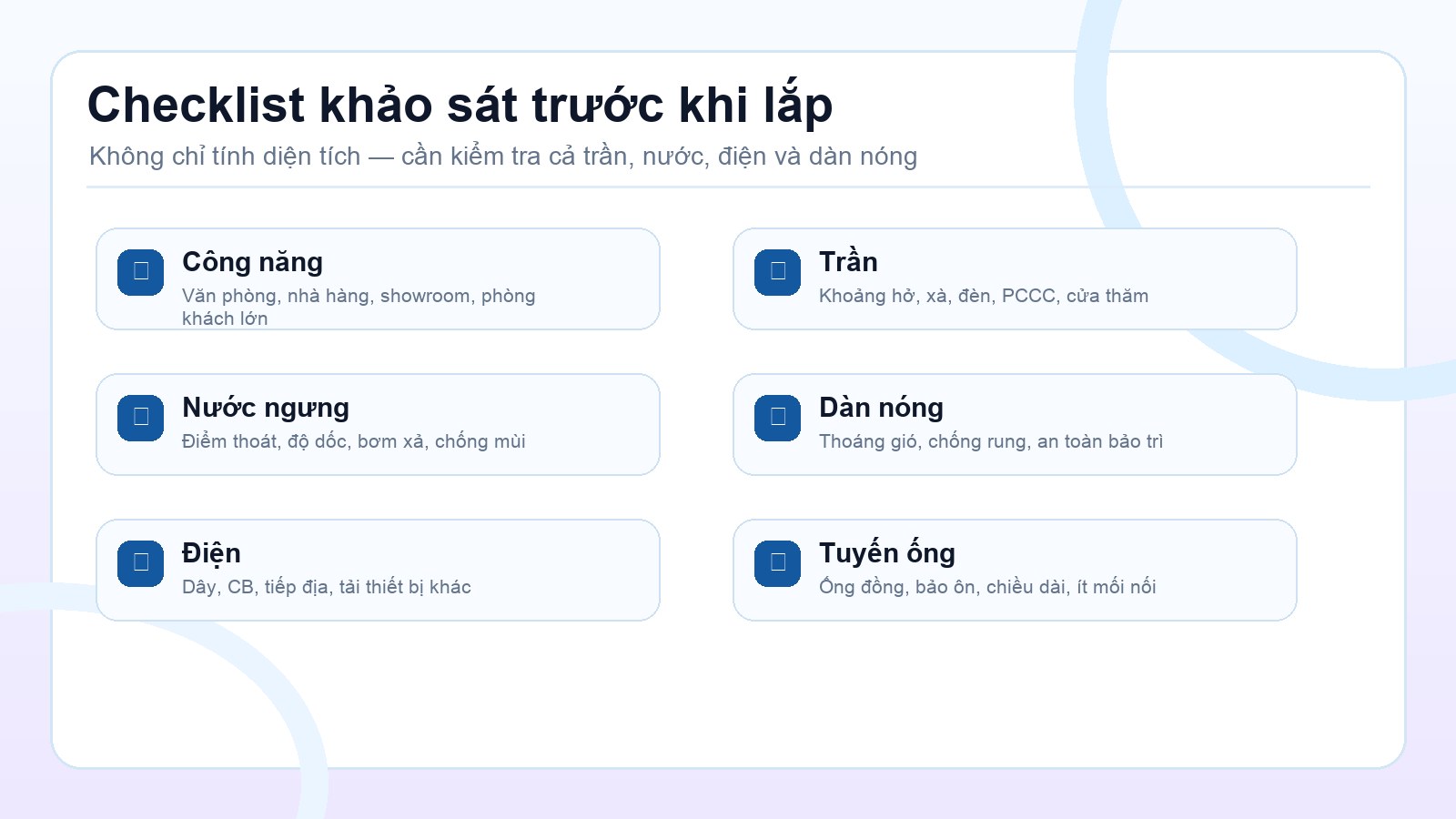 Checklist khảo sát trước khi lắp máy lạnh âm trần để lập dự toán điều hòa văn phòng 200m2